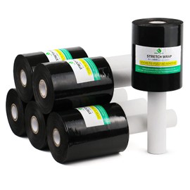 6 Pack Industrial Black Mini Stretch Wrap Roll with Handle, 5" x 1000Feet 80 Gauge for Heavy Duty, Durable Self-Adhering Plastic Wrap for Packing, Moving, BOMEI PACK