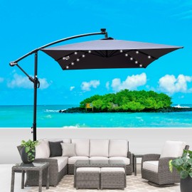 Benicabaly Solar-Powered LED Lighted Patio Umbrella for Outdoor Use, 2x3M Rectangle Shade with Crank and Cross Base, Waterproof