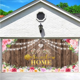 16X7FT Housewarming Party Garage Door Cover Decorations, Rustic Wooden Pink Floral Gold Key Sweet Home Garage Buddy Backdrop Background, House Warming Party Decor Outdoor Banner