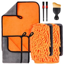 flintronic Car Care Set 8 Pieces with 3 Car Drying Cloths & 2 Wash Mitts & 3 Interior Cleaning Brushes, 600 GSM Microfibre Cloths Car, Polishing Cloths Dry Cloth for Drying Polishing