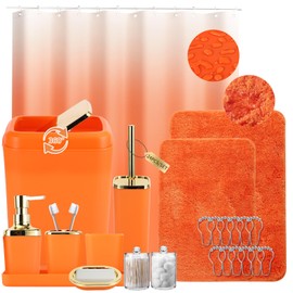 XLHOMO Bathroom Set - Orange Bathroom Sets with Shower Curtain and Rugs, 24PCS Shower Curtain Set with Hooks, Soap Dispenser, Soap Dish, Toilet Brush Holder and Trash Can for Housewarming