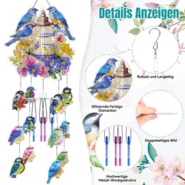 DIY Diamond Painting Sun Catcher Wind Chime Set, 5D Double Sided Crystal Diamond Painting Flower Bird Pendant Set, Rotating Wind Chime Craft Set for Home Garden Window Decor