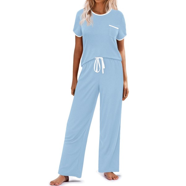 Ekouaer Women Lounge Pajamas Sets Ribbed Knit PJ Short Sleeve