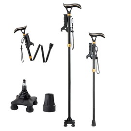 Walking Cane Folding Collapsible Adjustable Stability Balance Aluminum with Light Alarm for Seniors Women Men Black