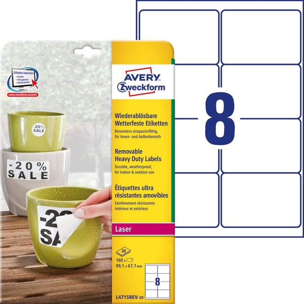 Avery Zweckform L4715REV-20 A4 Waterproof Labels, 160 Pieces, Removable, 99,1 x 67,7 mm, 20 Sheets White