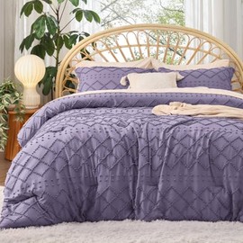 3 Piece Vintage Shabby Chic Style Boho Comforter Set Full Size | Elegant Embroidery with Tufted Pattern Farmhouse Bedding | Greyish Lilac Purple Color All Seasons Ultra Soft Plush Cozy Feel