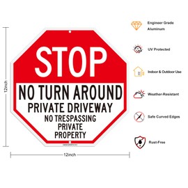 ANZEKE Stop No Turn Around Private Driveway Sign, 2Pack No Trespassing Private Property Sign, 12x12Inch Rust Free Reflective Aluminum Sign, UV Protected, Ink Printing, Weatherproof, Easy to Mount