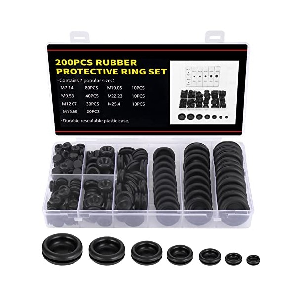 Zocipro 200Pcs Rubber Grommet Kit, 7 Sizes Rubber Hole Plugs