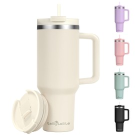 Labulabla 40oz Tumbler with Handle,Double Wall Vacuum Reusable Stainless Steel Insulated Water Bottle,With Leak Proof lid and Straw for Iced or Cold Beverages (Beige)