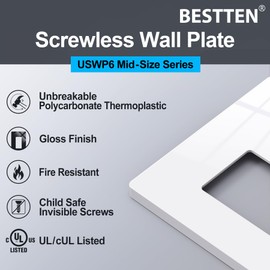 BESTTEN 3-Gang Modern Designer Mid Size Screwless Wall Plate, USWP6 Snow White Series, Unbreakable Polycarbonate Midway Decorator Outlet Cover, 12.30cm x 17.13cm, Impact Resistant Switch Plate, 4 Pack