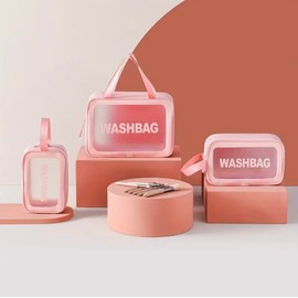 Pink Transparent PVC Cosmetic Bag 3pcs, Waterproof, 3 Sizes, for Travel and Daily Use