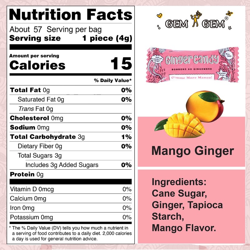 Gem Gem Ginger Candy Chewy Ginger Chews (Mango, 6.5 oz,