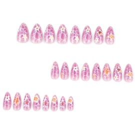 Foccna Press on Nails Almond Medium Pearl White Fake Nails French Glossy 3D Flower False Nail Tips Artificial Nails Finger Manicure for Women 24 pcs