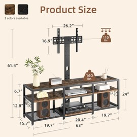 VECELO 63" TV Stand with Mount and Power Outlets, Entertainment Center Console with Open Storage Shelves, Height Adjustable Mount up to 75”, Wooden Table and Metal Frame for Living Room, Rustic Brown