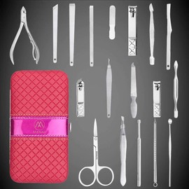 Nail Clippers Set Manicure Pedicure Kit - Stainless Steel 18 in 1 Portable Travel Grooming Kit-Facial and Nail Care Tools (PINK)