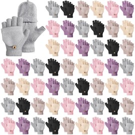 Zhehao 50 Pairs Winter Insulation Fingerless Gloves Bulk Warm Knitted Convertible Mittens Flap Gloves for Women Men(6 Color)