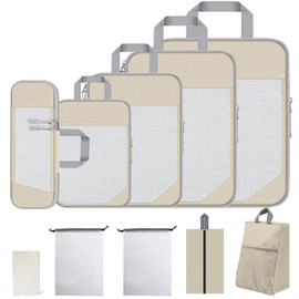 MMBAGSTOR Compression Packing Cubes - 10 Packing Cubes for Suitcases inc 5 Different Sizes Packing Compression Cubes and 5 Suitcase Organiser Bags (10 Beige)