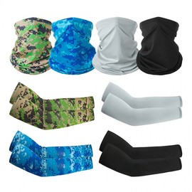 Ice Silk Sun Protection Arm Sleeves & Head Scarf Set for Summer Cycling Sapphire Blue Plaid Pattern 15ea