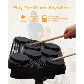 KONIX Electronic Tabletop Drum Set, Portable Electric Drum Kit with 7 Velocity Sensitivity Drum Pads, LED Drum Light, USB-MIDI Mac & PC Support, Ideal Gift for Adult and Beginners
