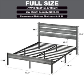 PUNICE Full Size Bed Frame with Charging Station, LED Light Metal Bed Frame with Wooden Headboard, No Box Spring Required, No Noise, Easy Assembly, Light Grey