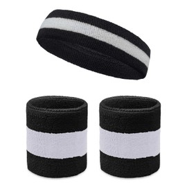 COUVER 2 Color Striped Terry Sports Headband Wristband Set, White/Black