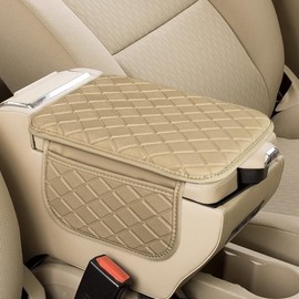 LAINLOY Car Center Console Armrest Pad, Leather Waterproof Car Armrest Protector Cushion, Car Armrest Seat Box Cover with 2 Storage Bags, Car Interior Accessories for Car, Truck, SUV (Beige)