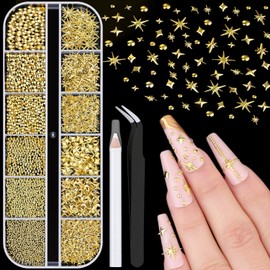 1320Pcs 3D Star Nail Charms, Gold Multi-Shapes Metallic Nail Art Gems and Small Round Caviar Beads, Bedazzling Craft Jewels Nail Rhinestones Accessories Manicure Decor with Tweezers and Pick-up Pencil