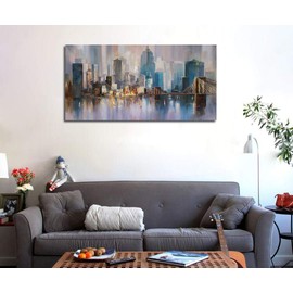 Canvas Wall Art City Skyline New York Painting Prints Modern Brooklyn Bridge Colorful Abstract Cityscape Picture Stretched and Framed for Bedroom Home Office Living Room Decor, 48"x24" One Panel