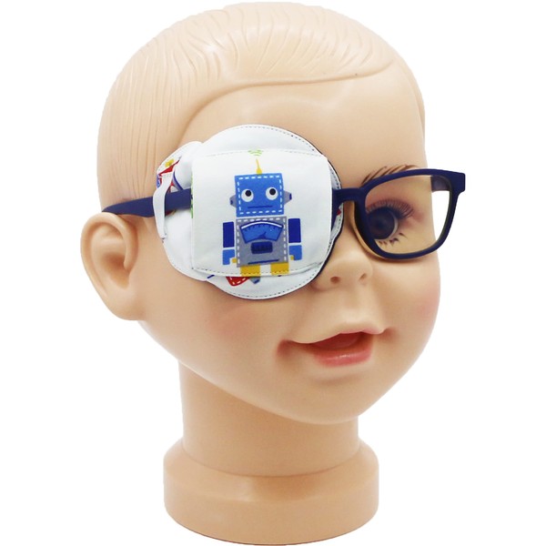 Parche para ojos astrópico 3D de algodón y seda para niños | Parche para ojos para niños | Parche médico para niños con ojo perezoso (robot azul, ojo derecho)