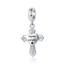 QeenseKc Heart Holy Bible Dangle Charm Religious Cross CZ Bead for European Bracelet Pray More Worry Less