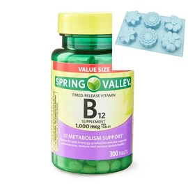 Spring Valley Vitamin B12 Timed-Release Tablets Dietary Supplement Value Size, 1,000 Mcg, 300 Count + 1 Baking Mold (Style & Color Varies)