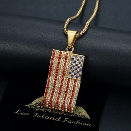 18K Gold Plated American Flag Pendant Punk Rock Stainless Steel Necklace for Men Women, 24 Inch Chain Hip Hop USA Jewelry Gift