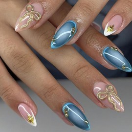 FNKFNK Blue French Tip Press on Nails Medium Almond Fake Nails Fake Nails with Gold Bead Star Charms Designs 3D Gold Bow False Nails Glossy Reusable Acrylic Nails for Women 24Pcs