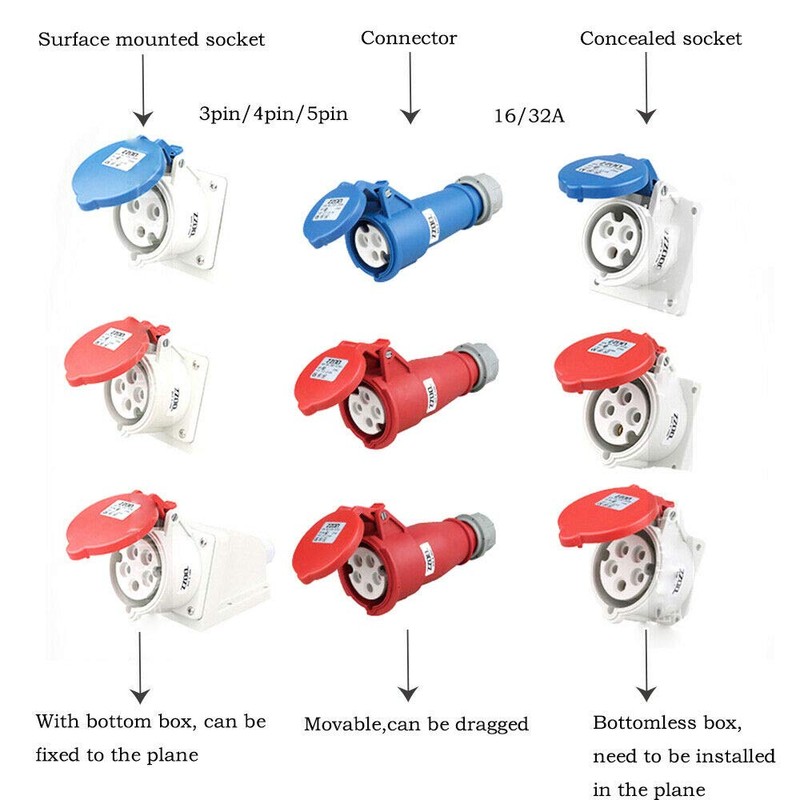 Blue Industrial Plug & Sockets - IP44 3Pin 16A Industrial