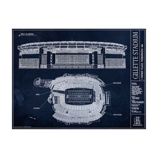 Gillette Stadium Blueprint Style Print (Unframed, 18" x 24")