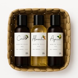 Herbolaria Selecta Set de Aceites Naturales Puros, Coco, Almendra y Aguacate, 60ml, Hidratante Corporal y Capilar, 100% Natural, con Canasto Artesanal, 3 Piezas