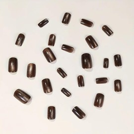 Short Press on Nails Brown Medium Square Fake Nails Glossy Glitter Glue on Nails Shiny Diamond Design Coffin False Nails Natural Stick On Nails for Women Girls Manicure Decoration 24Pcs