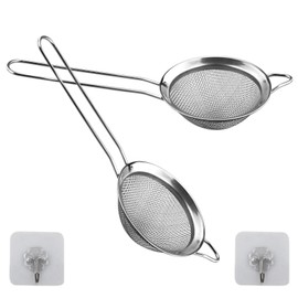 2 Pcs Small Stainless Steel Fine Mesh Strainers with Kitchen Hooks,8 cm Diameter Mini Fine Mesh Sieve Tea Strainers Kitchen Colander Sieve with Handle - Ideal for Juice Egg Tea Coffee Flour Filter