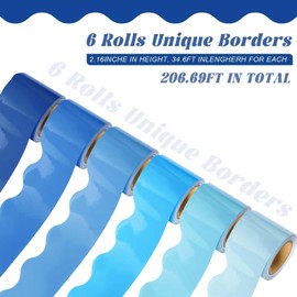 EggSun 6 Rolls 206.69ft Bule Bulletin Board Decorations, Bulletin Board Borders for Classroom, Boho Scalloped Trim Boho Borders for Back to School Theme Classroom Office Decor Supplies(Blue)