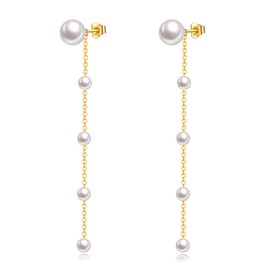 KECHO 14K Gold Freshwater Cultured Pearl Earrings Solid Gold Stud Chain Earrings Jewelry Gifts for Women