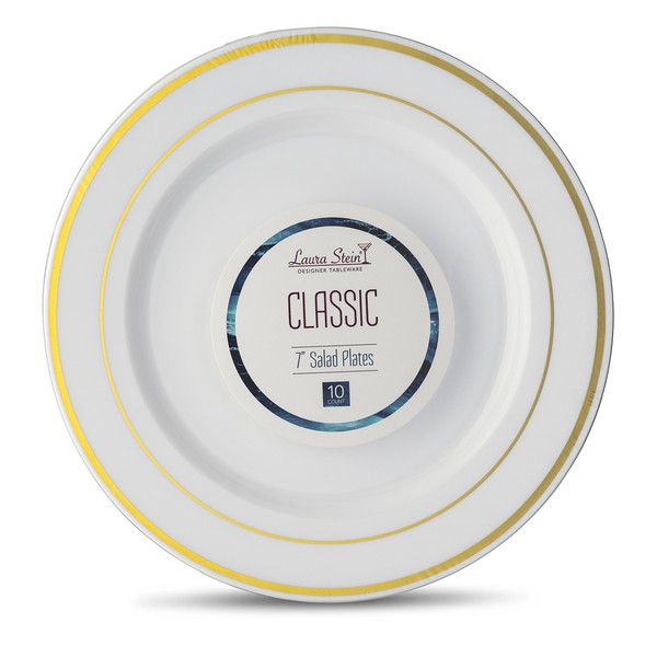 [40 Count - 7 Inch Plates] Laura Stein Designer Tableware Premium Heavyweight Plastic White Salad - Appetizer Plates With Gold Border, Party & Wedding Plate, Classic Series, Disposable Dishes