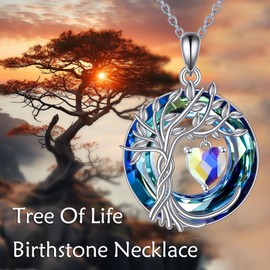 Tree of Life Birthstone Necklace for Women 925 Sterling Silver Tree of Life Jewelry Aurora Borealis Pendant April Birthstone Gemstone with Crystal Anniversary Birthday Christmas Gifts for Mother Wife
