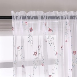 Taisier Home Floral White Sheer Curtains Flower Print Vine Embroidery Bedroom Curtain Rod Pocket Voile Window Curtains for Living Room, 52 x 45 inches Long, Set of 2 Panels,Red Buds with Green Branch