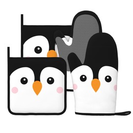 Novelty Funny Penguin Oven Mitts and Pot Holders Sets of 4, Heat Resistant Silicone Oven Mittens and Potholders Gloves Hot Pads for Kitchen Cooking Baking Grilling BBQ Chef