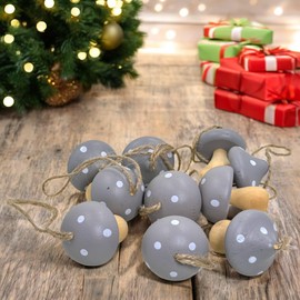 MIJOMA Set of 10 Christmas Tree Pendants Wooden Mushroom Toadstool Design 4 x 5 cm ─ Vintage Wooden Decoration in Red, Grey & Pink for Advent Wreath & Christmas Tree (Grey)