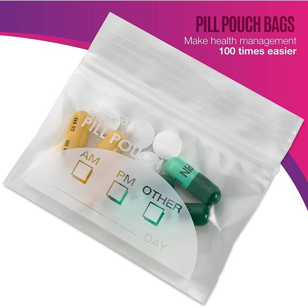 Pill Pouch Bags - (Pack of 300) 3" x 2.75" - BPA Free, Poly Bag Disposable Zipper Pills Baggies, Daily AM PM Travel Medicine Organizer Storage Pouches, Best Clear Reusable with Write-on Labels