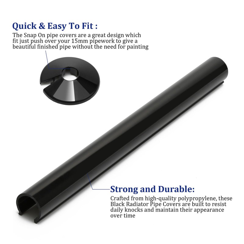 Radiator Pipe Covers and Collars 15mm x 200mm Black, 2