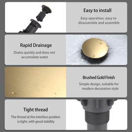 WOWOW Bathroom Sink Drain, Pop Up Drain Stopper for Bathroom Sink and RV Sink, with Overflow, Brushed Gold Vessel Sink Drain, Built-in Anti-Clogging Strainer