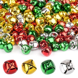 Hoiny Bells for Crafts, Pack of 200 Colourful Metal Bells with Eyelets, 12 mm for Jewellery Making, Christmas Decoration, DIY (Gold, Silver, Red, Green)