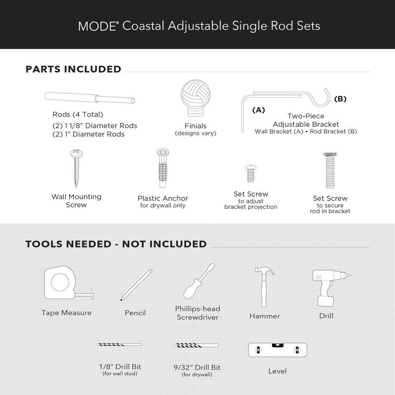 MODE Coastal Collection 1 1/8" Diameter Curtain Rod Set with